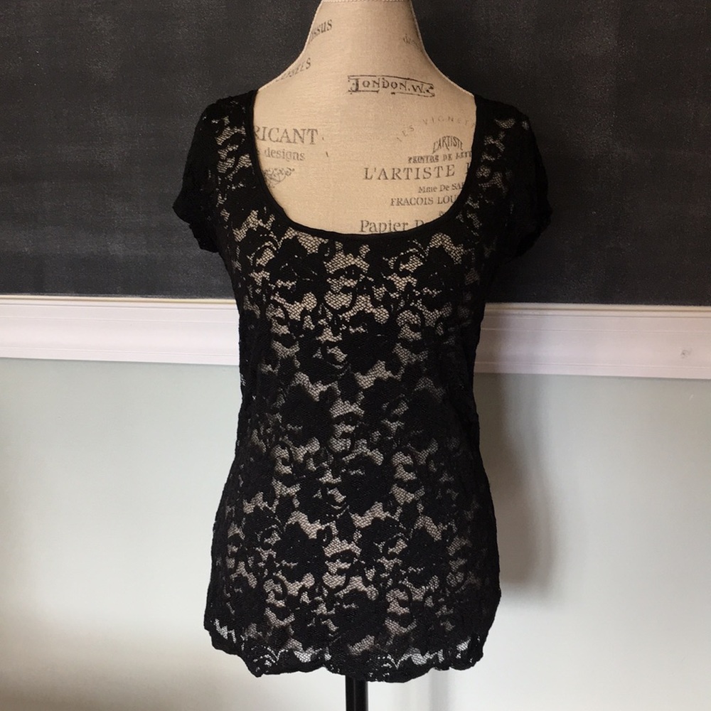 White House Black Market Sheer Lace Black Top M